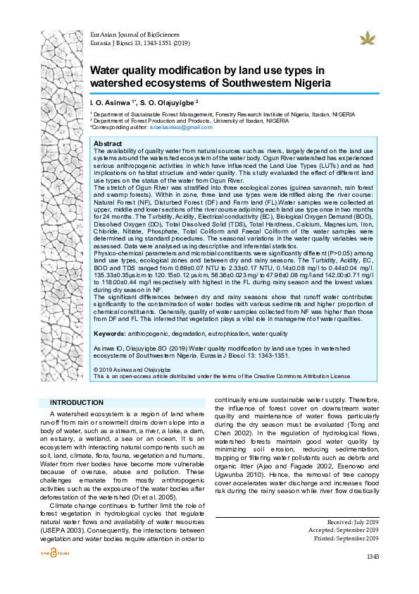 (PDF) Water quality modification by land use types in watershed ...