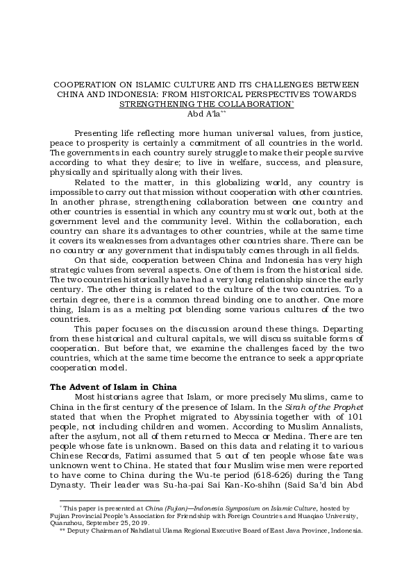 Doc Cooperation On Islamic Culture And Its Challenges Between China And Indonesia From Historical Perspectives Towards Strengthening The Collaboration1 Abd A La2 Abd A La Academia Edu
