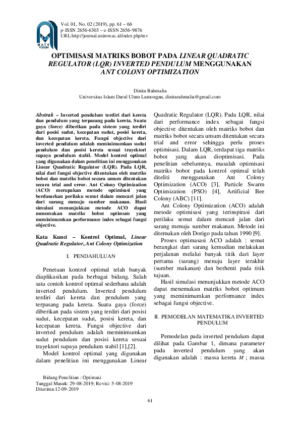  pdf optimisasi matriks bobot pada linear quadratic regulator lqr