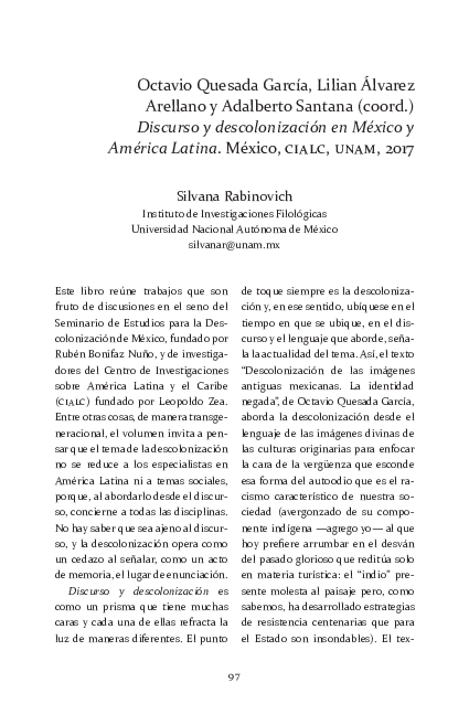 Octavio Quesada García, Lilian Álvarez Arellano y Adalberto Santana (coord.)
Discurso y descolonización en México y América Latina. México, 2017