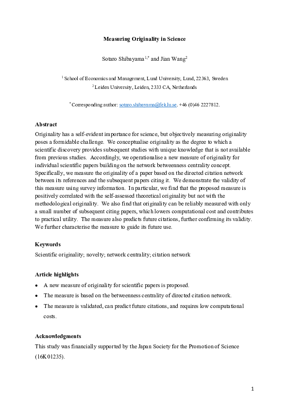(PDF) Measuring Originality in Science