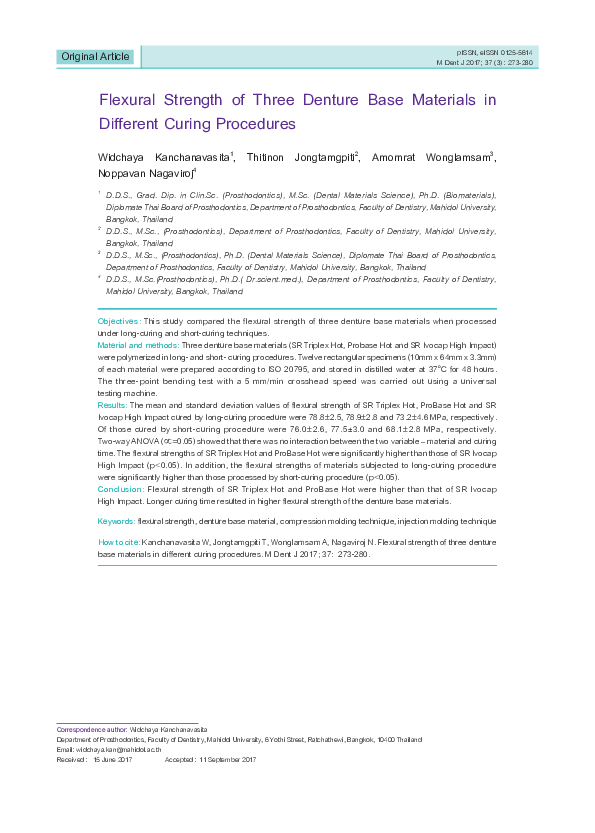 (PDF) Flexural Strength of Three Denture Base Materials in Different