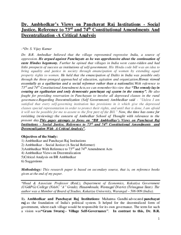 (DOC) Dr. Ambhedkar's Views on Panchayat Raj Institutions -Social ...