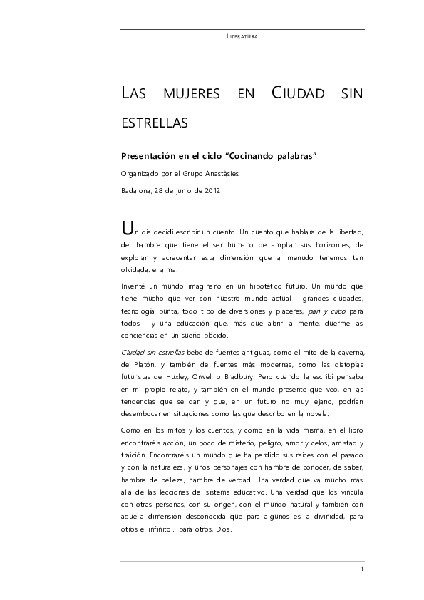 (DOC) Las mujeres en Ciudad sin estrellas Montse de Paz Academia.edu
