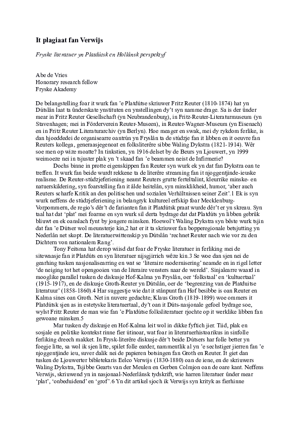 It Plagiaat Fan Verwijs Fryske Literatuer Yn Platdutsk En Hollansk Perspektyf Abe De Vries Academia Edu
