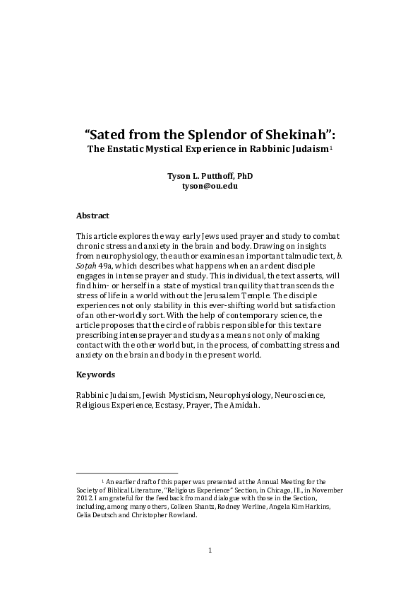 (PDF) "Sated from the Splendor of Shekhinah": The Enstatic Mystical