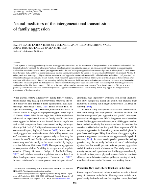 (PDF) Neural mediators of the intergenerational transmission of family ...