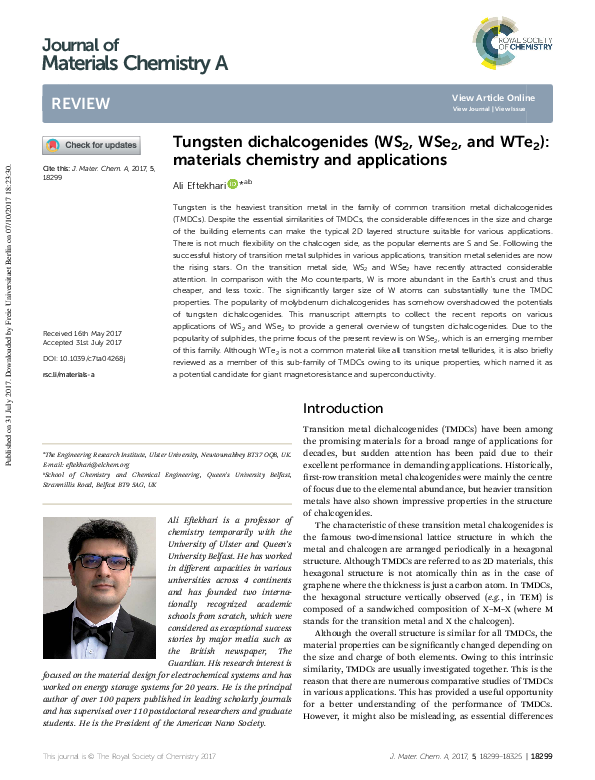(PDF) . Tungsten Dichalcogenides (WS2, WSe2), Material Chemistry and ...