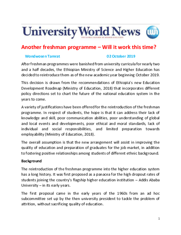 PDF) Another freshman programme -Will it work this time? | Wondwosen Tamrat  - Academia.edu