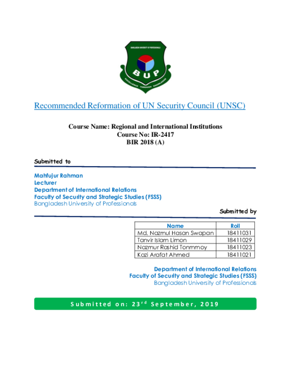 (DOC) Recommended Reformation of UN Security Council (UNSC)