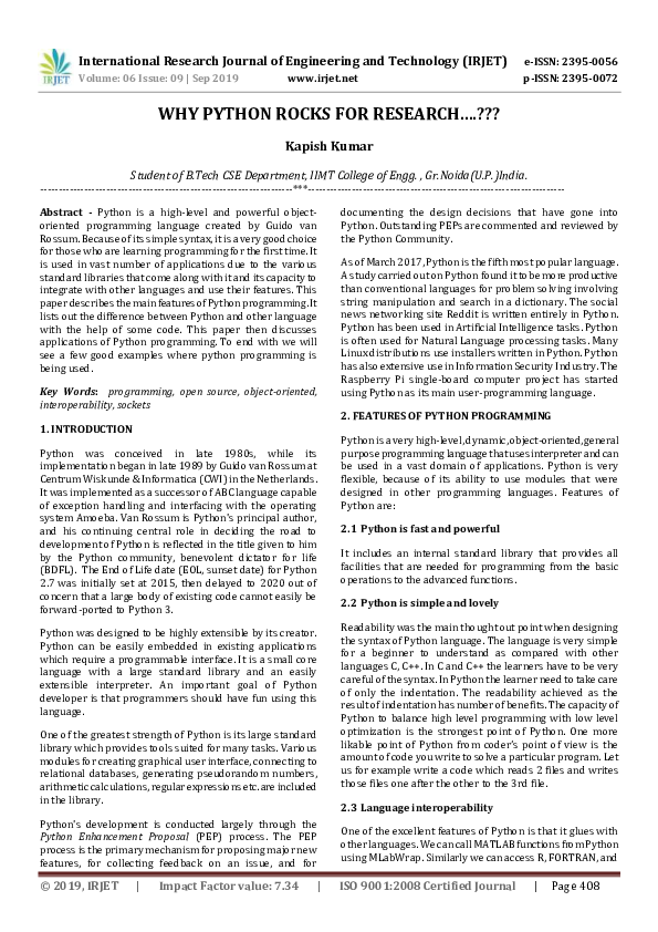(PDF) IRJET- WHY PYTHON ROCKS FOR RESEARCH | IRJET Journal - Academia.edu
