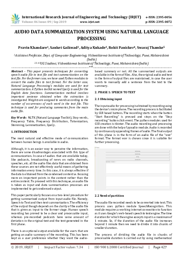 (PDF) IRJET- AUDIO DATA SUMMARIZATION SYSTEM USING NATURAL LANGUAGE ...