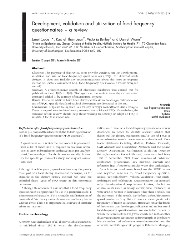 Pdf Development Validation And Utilisation Of Food Frequency Pdf Development Validation And Utilisation Of Food Frequency