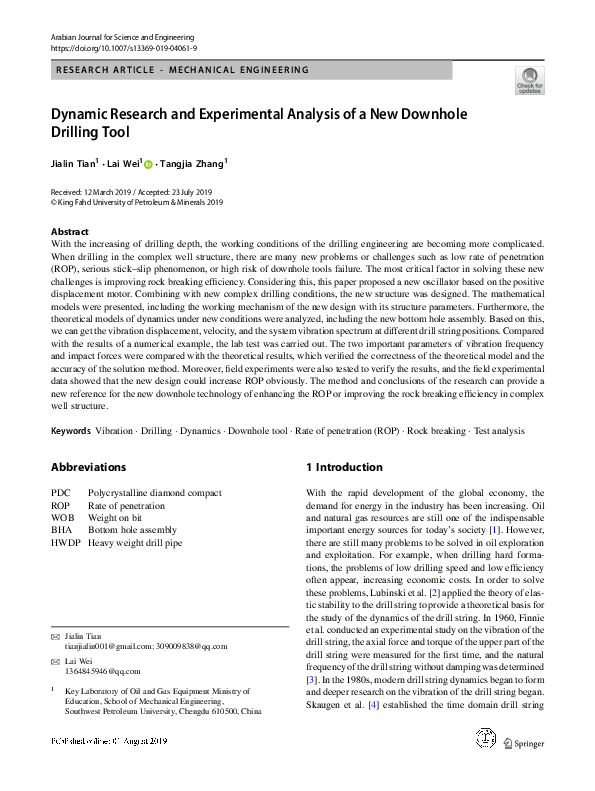 (PDF) Dynamic Research and Experimental Analysis of a New Downhole ...