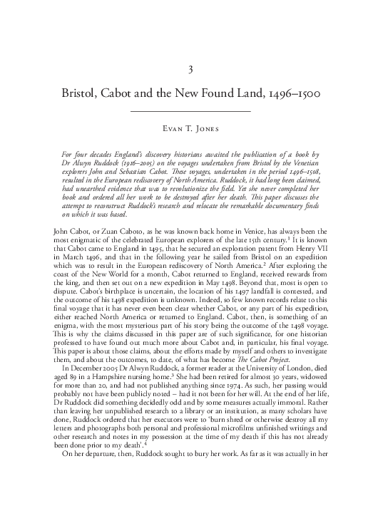 (PDF) Bristol, Cabot and the New Found Land, 14961500 Evan Jones
