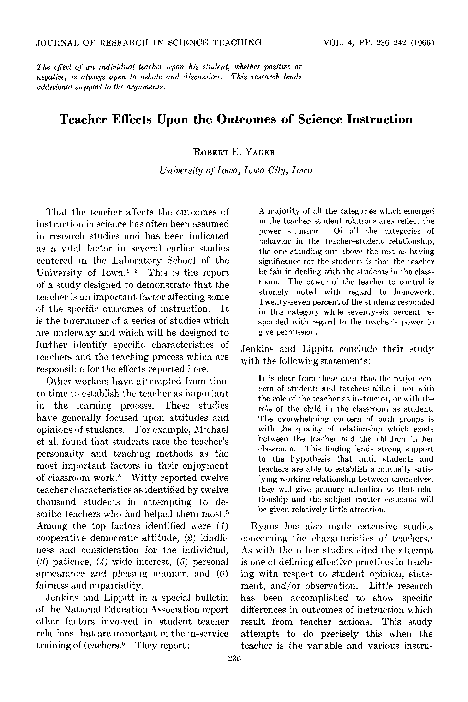 (PDF) Teacher effects upon the outcomes of science instruction