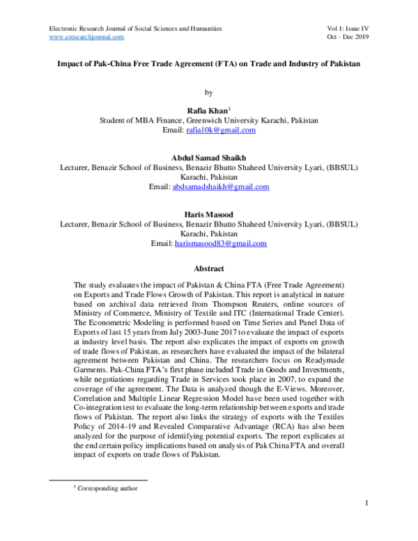 (PDF) Impact of Pak-China Free Trade Agreement (FTA) on Trade and ...