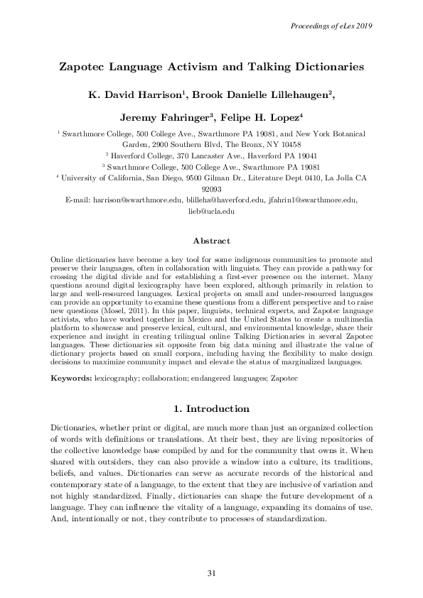 (PDF) Zapotec Language Activism and Talking Dictionaries (Harrison et