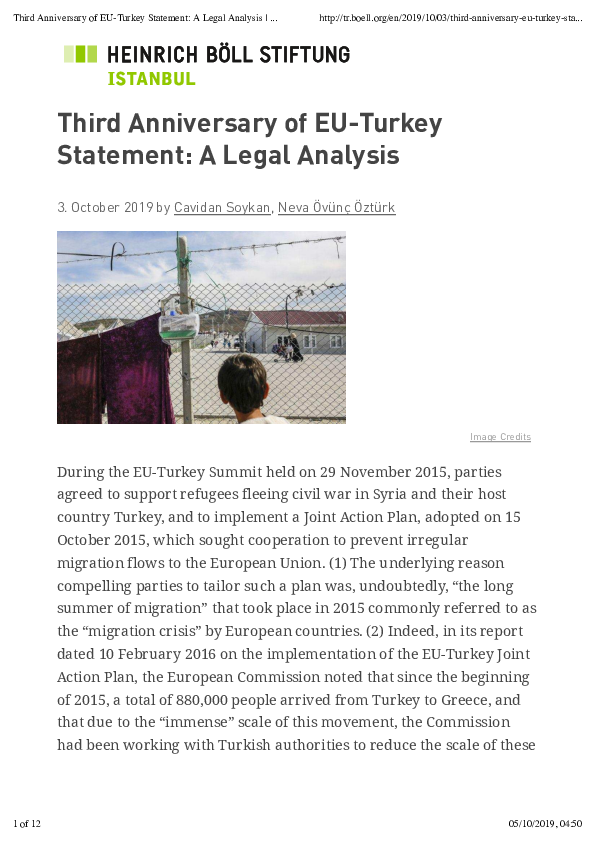 (PDF) Third Anniversary of EUTurkey Statement A Legal Analysis, HEİNRİCHBÖLLSTİFTUNG Derneği