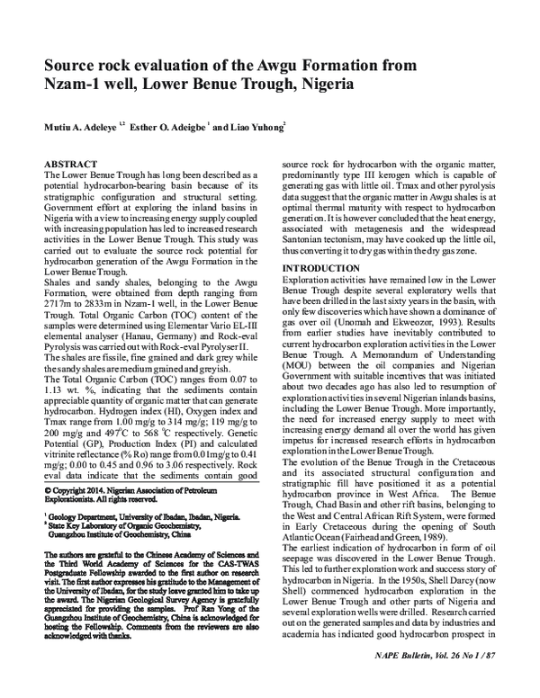 (PDF) Source rock evaluation of the Awgu Formation from Nzam-1 well ...