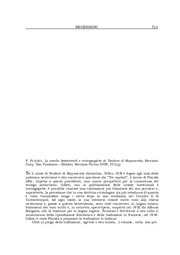 (PDF) F. PLACIDA, Le omelie battesimali e mistagogiche di Teodoro di
