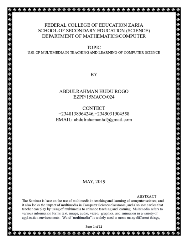 (DOC) FEDERAL COLLEGE OF EDUCATION ZARIA SCHOOL OF SECONDARY EDUCATION