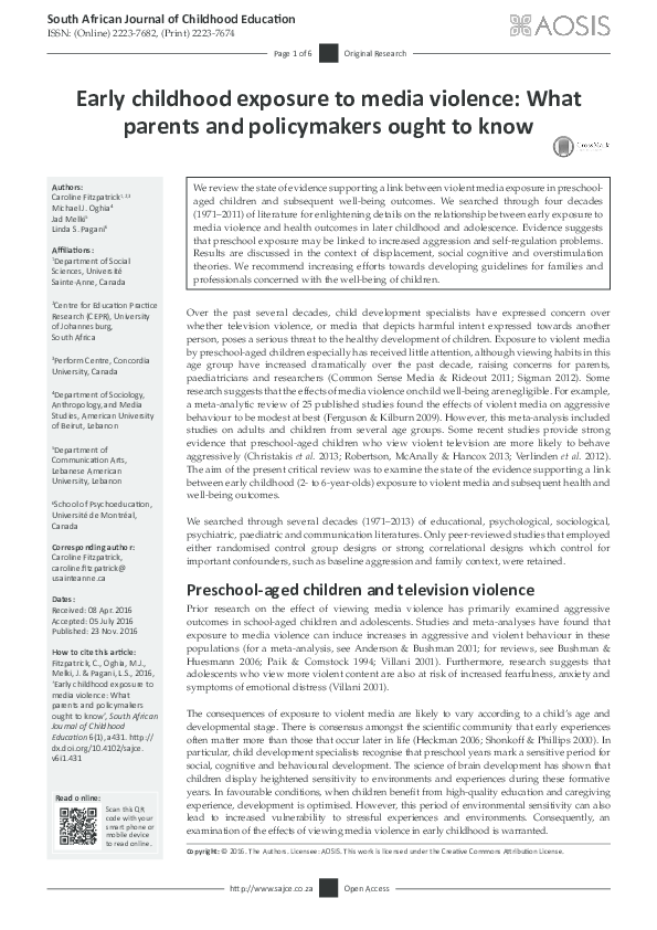 (PDF) Early Childhood Exposure to Media Violence: What Parents and ...