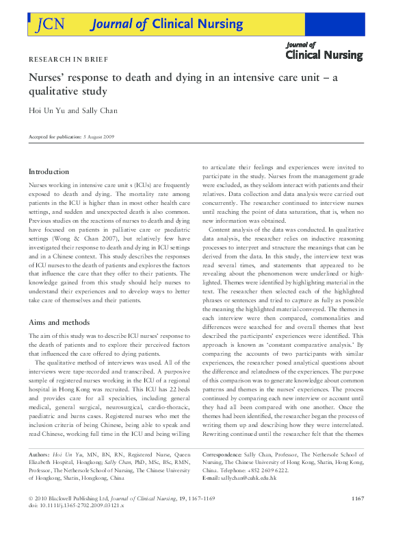 (PDF) Nurses’ response to death and dying in an intensive care unit - a ...
