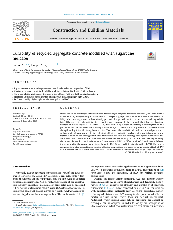 (PDF) Durability of recycled aggregate concrete modified with sugarcane ...