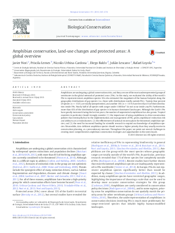 Amphibian conservation, land-use changes and protected areas: A global overview