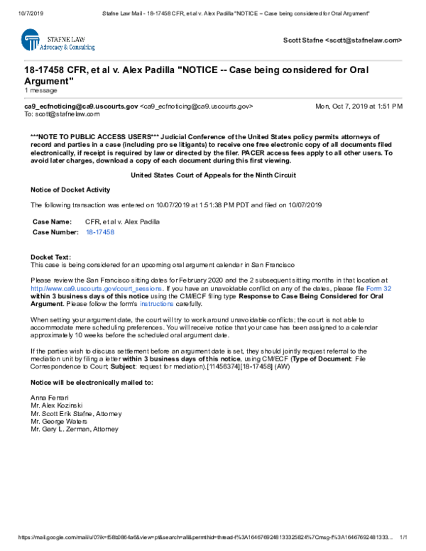PDF) CFR, et al v. Alex Padilla - "NOTICE --Case being considered for Oral  Argument" United States Court of Appeals for the Ninth Circuit Notice of  Docket Activity | Scott Stafne - Academia.edu
