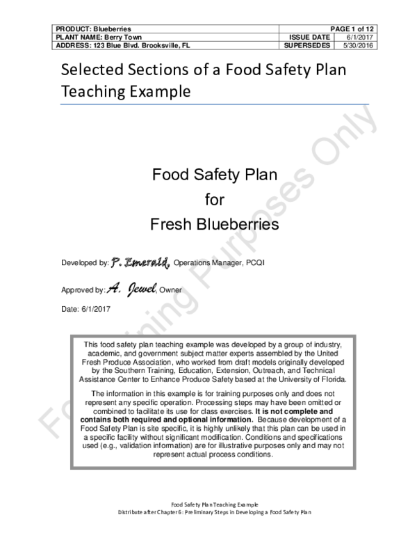 (PDF) Food Safety Plan Teaching Example Distribute after Chapter 6