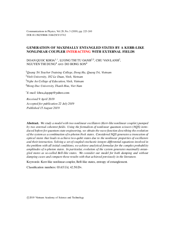 (PDF) GENERATION OF MAXIMALLY ENTANGLED STATES BY A KERR-LIKE NONLINEAR ...