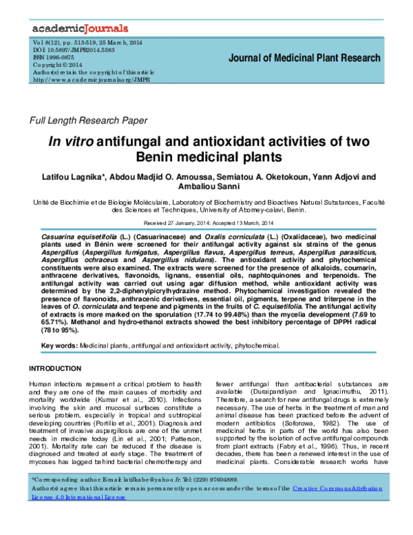 (PDF) In vitro antifungal and antioxidant activities of two Benin ...
