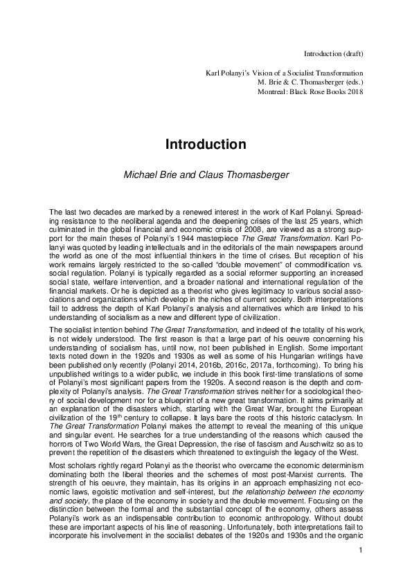 Karl Polanyi's Vision of a Socialist Transformation. Introduction