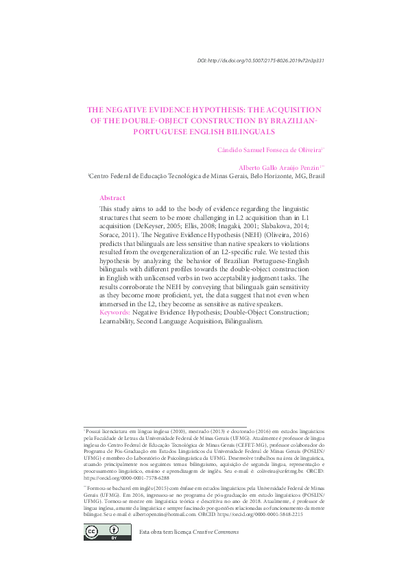 (PDF) The Negative Evidence Hypothesis: The acquisition of the double ...