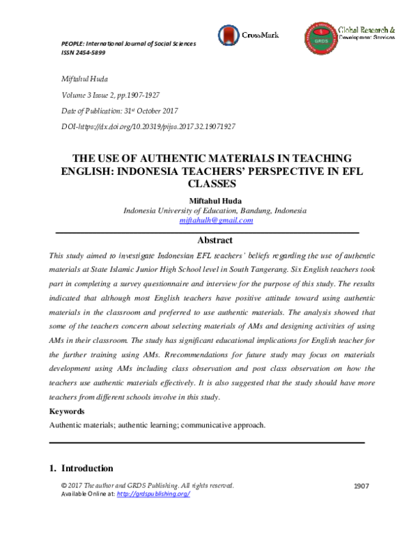 (PDF) THE USE OF AUTHENTIC MATERIALS IN TEACHING ENGLISH INDONESIA