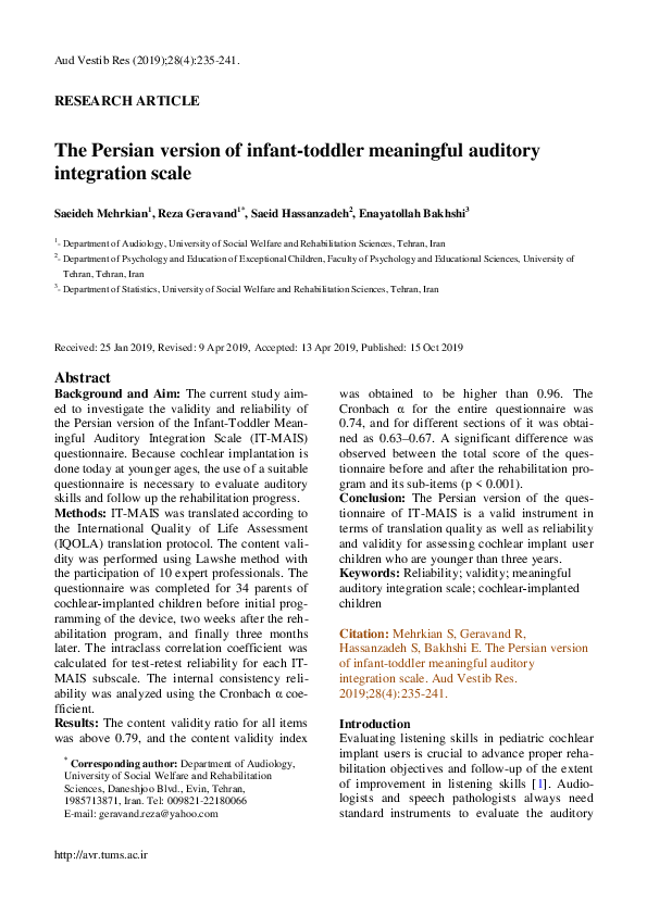 (PDF) The Persian version of infant-toddler meaningful auditory ...