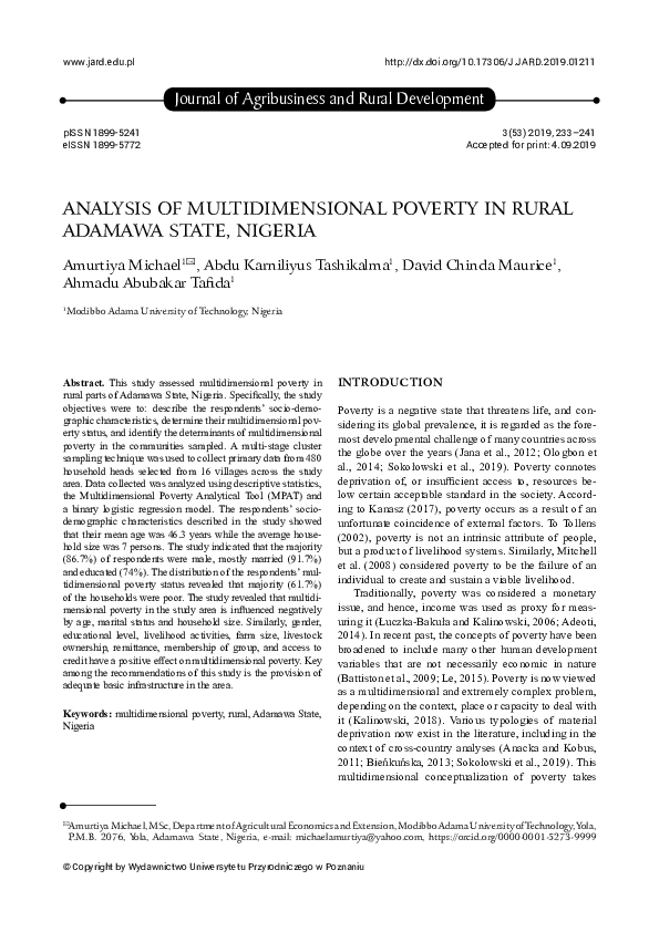 (PDF) ANALYSIS OF MULTIDIMENSIONAL POVERTY IN RURAL ADAMAWA STATE, NIGERIA