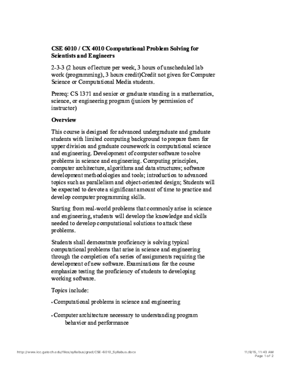 PDF) CSE 6010 / CX 4010 Computational Problem Solving for