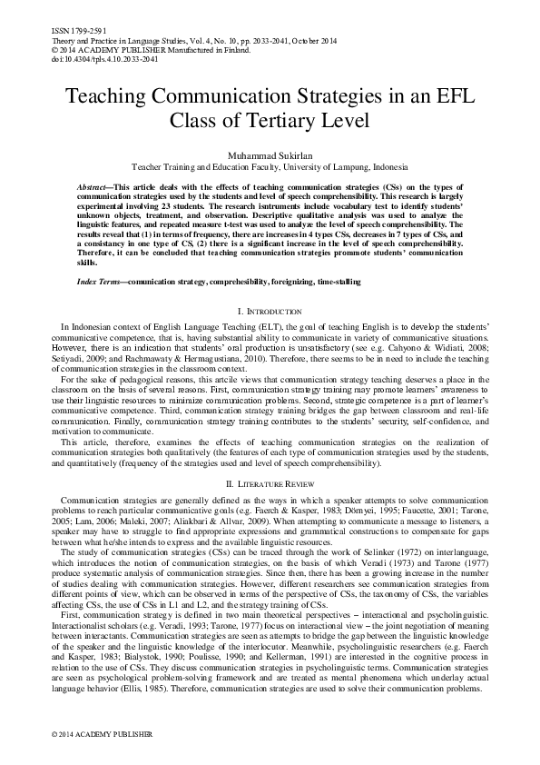 Pdf Teaching Communication Strategies In An Efl Class Of Tertiary Level