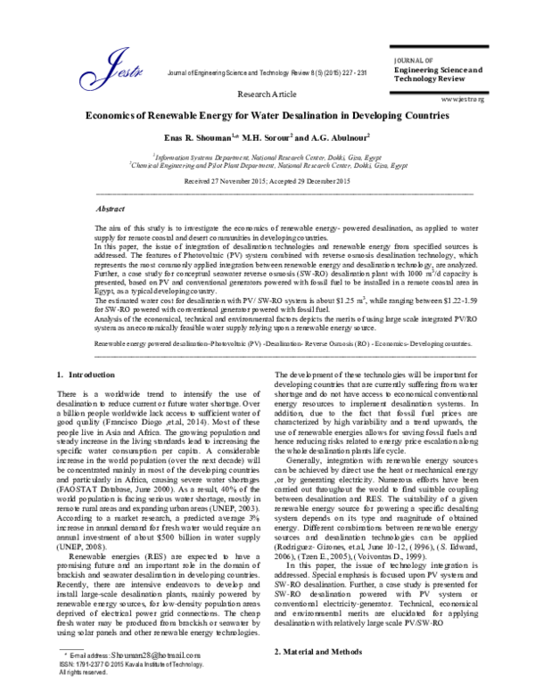 (PDF) Economics of Renewable Energy for Water Desalination in ...