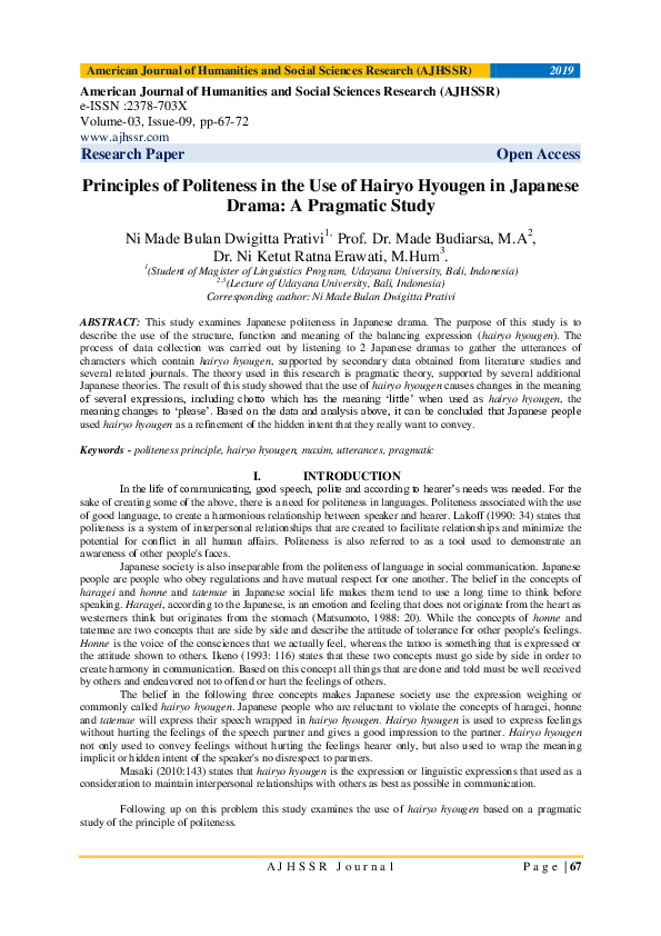 Pdf Principles Of Politeness In The Use Of Hairyo Hyougen In Japanese Drama A Pragmatic Study Ajhssr Journal Academia Edu
