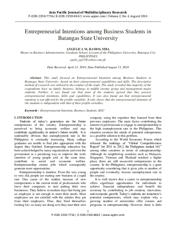 (PDF) Entrepreneurial Intentions among Business Students in Batangas ...