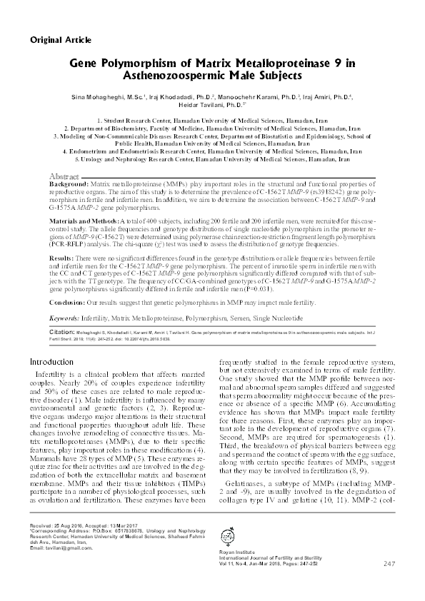 (PDF) Gene Polymorphism of Matrix Metalloproteinase 9 in ...