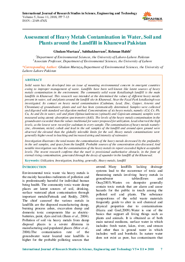 (PDF) Assessment of Heavy Metals Contamination in Water, Soil and ...