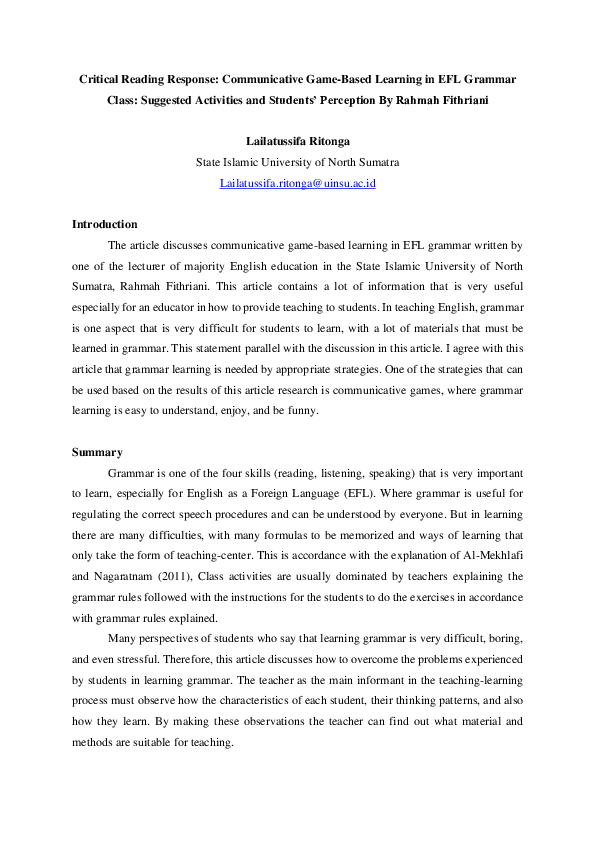 (PDF) Critical Reading Response: Communicative Game-Based Learning in ...