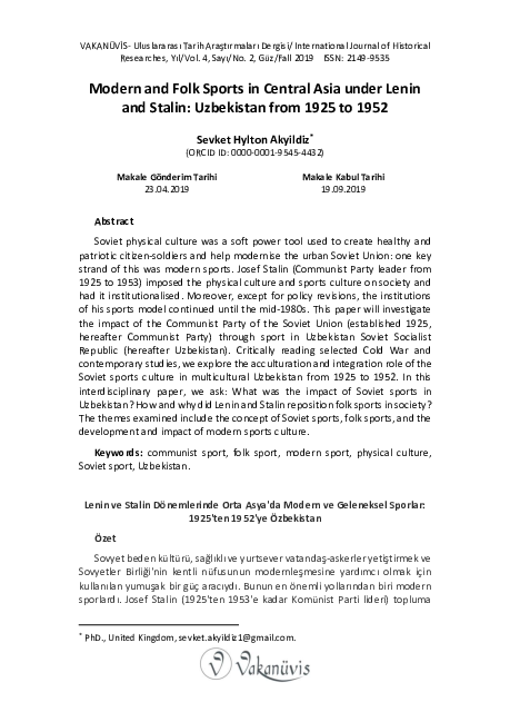 Modern and Folk Sports in Central Asia under Lenin and Stalin: Uzbekistan from 1925 to 1952