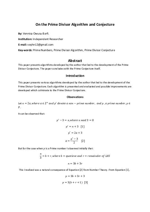 (PDF) On the Prime Divisor Algorithm and Conjecture