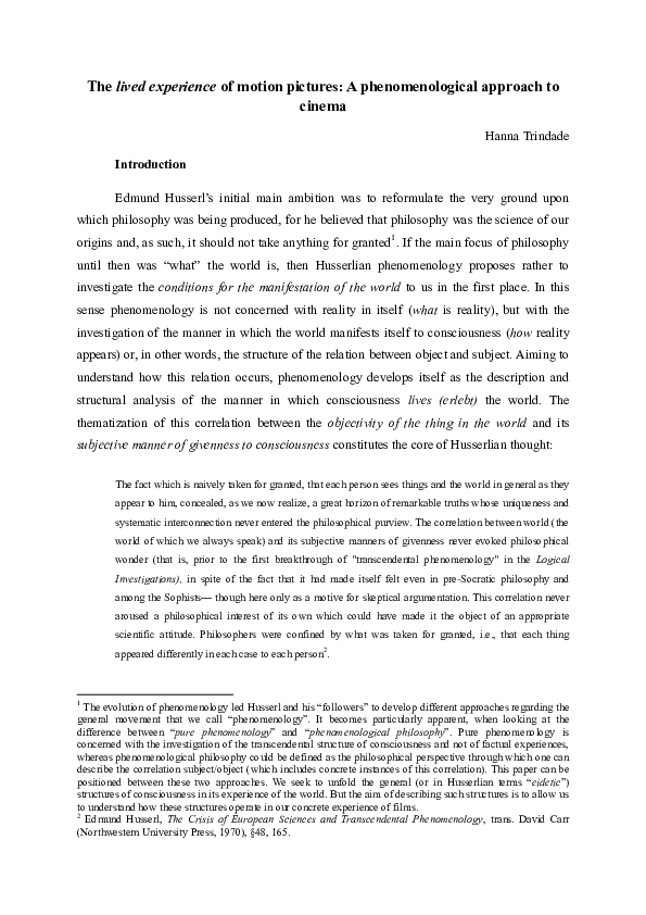  PDF The Lived Experience Of Motion Pictures A Phenomenological